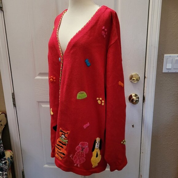 New Quacker Factory Sweater Cardigan Dogs Cats Animals Print Red Size 3X 3XL - Picture 5 of 9